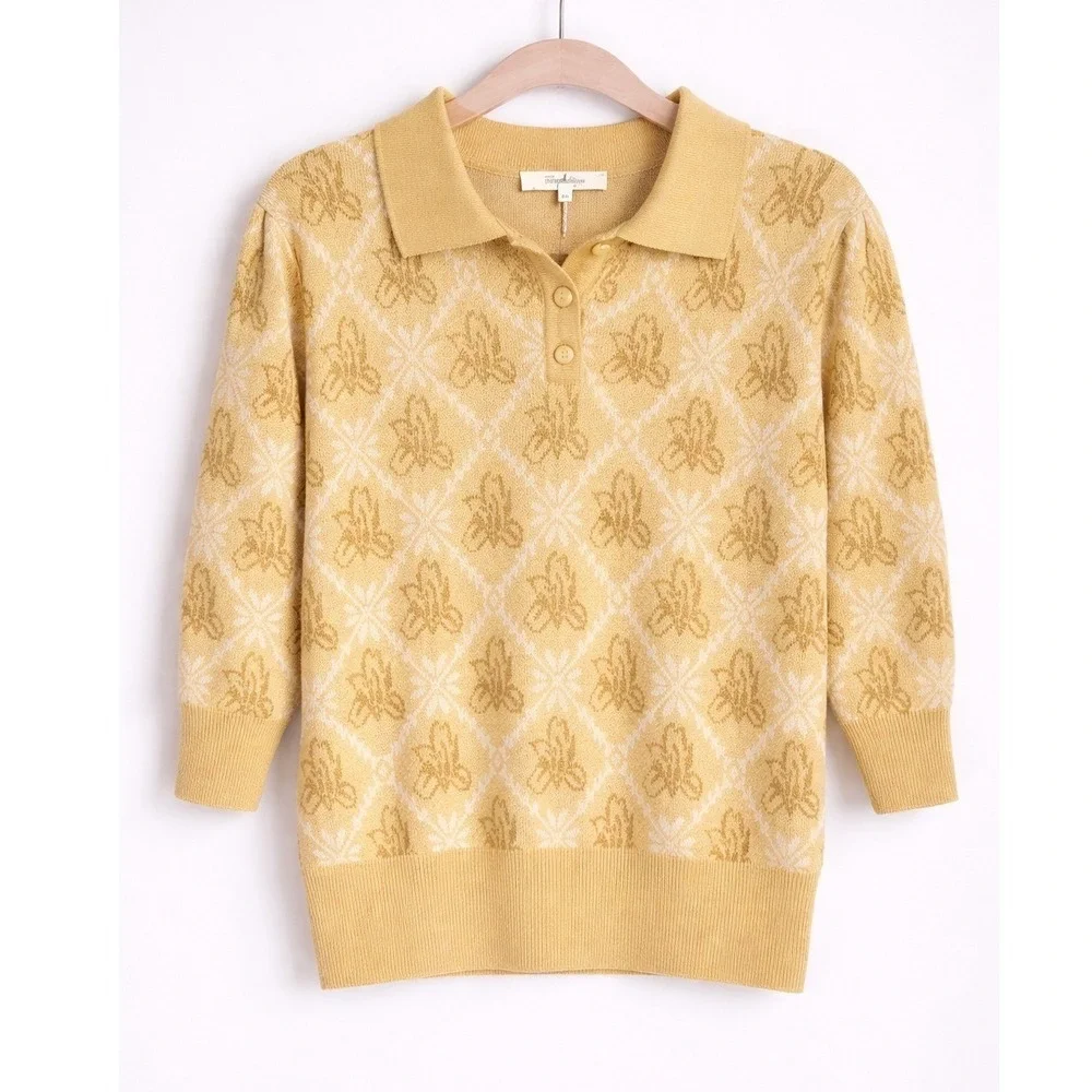 Simply Retro New Yellow Argyle Floral Wool Blend Collared Sweater Polo SZ Large